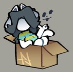 anthro big_breasts box breasts clothed clothing container female fur grey_background grey_hair hair logo pattern_clothing pattern_shirt pattern_topwear shirt simple_background sitting sitting_in_box solo striped_clothing striped_shirt striped_topwear stripes tail topwear white_body white_fur probablydemo undertale undertale_(series) temmie_(undertale) domestic_cat felid feline felis mammal tem artist_logo clip_studio_paint_(artwork) digital_media_(artwork)