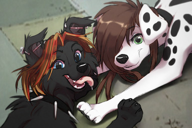 bangs black_body black_claws black_collar black_eyebrows black_fur black_nose black_pawpads black_spots blonde_hair blue_eyes bodily_fluids brown_hair cheek_tuft claws collar dripping duo ear_piercing eyebrows eyelashes facial_tuft fangs female feral floppy_ears fur green_eyes hair lying markings medium_hair multicolored_hair on_front on_ground open_mouth open_smile pawpads piercing pink_tongue red_hair saliva saliva_drip saliva_on_tongue smile smiling_at_viewer snout spiked_collar spikes spots spotted_body spotted_fur spotted_markings teeth tongue tongue_out tuft white_body white_claws white_fur azzai canid canine canis dalmatian domestic_dog mammal 2023 3:2 colored colored_sketch digital_drawing_(artwork) digital_media_(artwork) shaded sketch