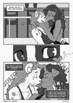 anthro black_and_white canid canine canis cara_(fefece) comic curled_hair domestic_dog duo english_text eyes_closed fefece felid feline female female/female hair hand_on_face hi_res kissing licking mammal monochrome pantherine prehistoric_species prudy_(fefece) saber-toothed_tiger text tongue