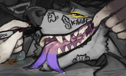 alcohol amogus anthro beverage black_nose bodily_fluids body_writing drunk forked_tongue fur grey_body grey_fur group holding_object holding_pen liquor male male_anthro multicolored_tongue narrowed_eyes open_mouth pen pink_tongue purple_tongue red_eyes saliva saliva_string solo_focus substance_intoxication tongue tongue_out two_tone_tongue acidic ambient_among_us among_us cool_s innersloth canid canine hybrid mammal sergal hi_res