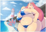 anthro beach big_breasts bikini blush breasts clothed clothing female lighthouse navel overweight overweight_female seaside solo swimwear thick_thighs two-piece_swimsuit snackbunnii nintendo pokemon generation_3_pokemon milotic pokemon_(species) hi_res