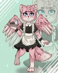 ambiguous_gender anthro blue_eyes cake_slice clothing fluffy fluffy_tail fluffy_wings fur maid_apron maid_uniform pawpads plate smile solo spread_wings tail uniform wings zoom_layer duskooky lostfox canid canine fox hybrid mammal 4:5 absurd_res hi_res