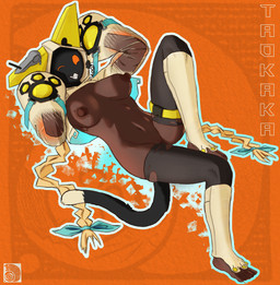 accessory areola blue_ribbon braided_hair brown_body brown_skin cat_tail clothed clothing dipstick_tail female footwear genitals hair hair_accessory hair_ribbon hoodie leg_warmers legwear looking_at_viewer markings one_eye_closed open_clothing partially_clothed ribbons shadow_face smile smiling_at_viewer socks solo stockings tail tail_markings teeth topwear torn_clothing torn_legwear torn_stockings translucent translucent_clothing white_tail_tip wink winking_at_viewer mooncat786 arc_system_works blazblue taokaka animal_humanoid cat_humanoid felid felid_humanoid feline feline_humanoid humanoid kaka_(blazblue) mammal mammal_humanoid absurd_res digital_media_(artwork) hi_res