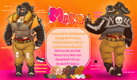 anthro beard big_bulge big_butt big_muscles big_nipples big_pecs body_hair boots bulge butt clothing cowboy_boots curly_hair facial_hair fingerless_gloves footwear gloves hair handwear hooves horn jacket jockstrap khaki_pants long_hair male muscular muscular_anthro muscular_male nipples ossicone pecs ponytail shirt shoes simple_background solo tank_top text topwear underwear starmoral mora_giraffe_(starmoral) giraffe giraffid mammal hi_res model_sheet watermark