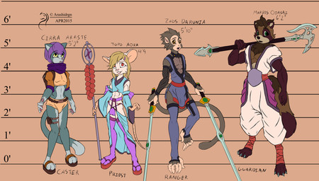 abs anthro biceps clothing fur group hair lineup male muscular arashidrgn canid canine domestic_cat felid feline felis haplorhine mammal monkey mouse murid murine primate raccoon_dog rodent tanuki 2015 model_sheet