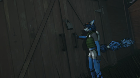 anthro backpack blue_body blue_fur blue_hair bottomwear clothing door farm female fur hair lock outside shorts solo topwear vest blue_does_stuff warfaremachine_(modeler) nintendo star_fox krystal_(star_fox) warfare_krystal canid canine fox mammal 16:9 3d_(artwork) 4k absurd_res digital_media_(artwork) hi_res source_filmmaker_(artwork) widescreen