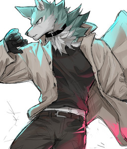 5_fingers anthro belt black_bottomwear black_clothing black_gloves black_handwear black_pants black_shirt black_topwear blue_body blue_fur bottomwear brown_clothing clothed clothing coat collar countershading fingers fur gloves grey_eyes handwear male multicolored_body multicolored_fur pants shirt simple_background solo topwear two_tone_body two_tone_fur white_body white_fur chung0_0 brand_new_animal studio_trigger shirou_ogami canid canine canis mammal wolf hi_res