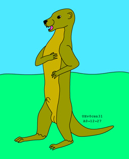 animal_genitalia balls brown_body brown_fur feral fur genitals grass male open_mouth otter_tail plant sheath sky solo standing surprised teeth text toony urbanhermit mammal mustelid otter 2000 colored dated