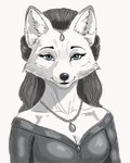 anthro breasts clothing dress female hair jewelry long_hair looking_at_viewer middle_aged necklace solo 1thl arctic_fox canid canine fox mammal true_fox absurd_res hi_res portrait