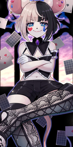 ace_of_clubs ace_of_diamonds ace_of_hearts ace_of_spades adolescent adolescent_anthro alternative_fashion anthro armband bangs biped black_bottomwear black_clothing black_eyebrows black_footwear black_hair black_halter_top black_legwear black_nails black_nose black_shoes black_shorts black_toenails black_topwear blue_eyes blue_markings blush blush_lines blushing_at_viewer bottomwear card cheek_markings closed_smile clothed clothed_anthro clothed_female clothing colored_nails crossed_arms diamond_pupils ear_piercing eyebrows eyelashes facial_markings feet female female_adolescent female_anthro fingers footwear front_view fully_clothed fully_clothed_anthro fully_clothed_female gloves goth hair halter_top handwear head_markings heart_(marking) heart_symbol hotpants humanoid_feet humanoid_hands legwear lips looking_at_viewer makeup markings medium_hair midriff mime mouth_closed multicolored_hair nails navel piercing pink_inner_ear pink_lips pink_tail plantigrade playing_card pointy_chin pose pupils red_markings sharp_chin shoes shorts sitting slim slim_anthro slim_female smile smiling_at_viewer smirk smirking_at_viewer smug_face solo symbol-shaped_pupils tail tear_(marking) toeless_footwear toeless_shoes toenails toes topwear two_tone_hair unusual_pupils white_body white_clothing white_gloves white_hair white_handwear white_pupils white_sclera young young_anthro young_female hentaib jacquie_gauthier mammal mouse murid murine rodent absurd_res english_description full-length_portrait hi_res portrait