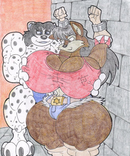 anthro belt big_breasts black_hair blue_eyes boots bottomwear bound breast_grab breasts brown_body brown_fur clothing crop_top cuffed_wrists duo female footwear fur gloves grope hair hand_on_breast handwear huge_breasts huge_thighs male markings multicolored_body multicolored_fur muscular muscular_anthro muscular_male navel nipple_outline shirt shoes shorts spots spotted_body spotted_fur tan_body tan_fur thick_thighs thong topwear two_tone_body two_tone_fur underwear virus-20 june_coyote victor_(webslinger86) canid canine canis coyote dalmatian domestic_dog mammal 2013 hi_res traditional_media_(artwork)