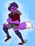 anthro clothed clothing footwear fur legwear male purple_body purple_fur shoes simple_background sneakers solo stockings tail toony intifox montyfox canid canine fox mammal