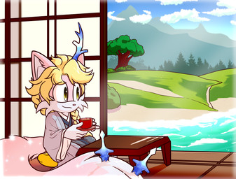 beach bigtail blonde_hair braided_hair container cup detailed_background fluffy fluffy_tail fur grass_field green_eyes hair male melee_weapon mountain pink_body pink_fur ponytail sitting solo sword tail weapon xxkenthewolfxx sega sonic_the_hedgehog_(series) fan_character canid canine fox mammal absurd_res hi_res