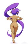 breasts brown_body brown_skin butt feet female hair humanoid_pointy_ears long_hair not_furry pointy_ears ponytail purple_hair side_boob simple_background solo text revenant_(artist) shantae_(series) wayforward shantae genie humanoid hi_res signature url