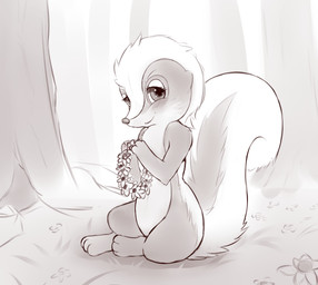 3_fingers 3_toes blush blush_lines eyelashes feet female feral fingers flower forest forest_background looking_at_viewer nature nature_background outside plant simple_background sitting smile smiling_at_viewer snout solo tail toes tree white_background meraence bambi_(film) disney bluebelle mammal mephitid skunk striped_skunk 2014 digital_drawing_(artwork) digital_media_(artwork) hi_res sketch