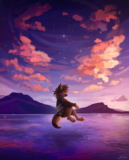 3_toes ambient_silhouette anthro barefoot biped brown_body brown_fur brown_hair clothed clothing cloud detailed_background eyes_closed feet floating fur group hair mountain outside sea seascape silhouette sitting sky solo_focus star starry_sky sunset toes water jacato ambient_bird ambient_flier avian bird canid canine mammal 2020 digital_media_(artwork) digital_painting_(artwork) hi_res painting_(artwork)