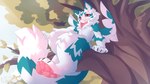 amber_eyes ambiguous_gender anthro fur green_body green_fur leaf looking_at_viewer neck_tuft pawpads pink_nose pink_pawpads plant sitting_on_tree snow solo tree tuft white_body white_fur wings fluffull fluff_(fluffull) felid feline mammal 16:9 absurd_res hi_res widescreen