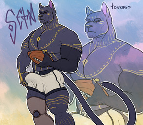 american_football_uniform anthro ball balls_outline big_bulge biped black_body bottomwear bulge claws clothed clothing detailed_bulge erection erection_under_clothing genital_outline gridiron_ball holding_object looking_at_viewer male male_anthro muscular muscular_anthro muscular_male penis_outline solo standing tail topless topless_male underwear tourugo afk_arena afk_journey lilith_games seth_(afk_journey) felid feline mammal panthera 2023 digital_media_(artwork) hi_res