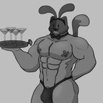 abs anthro barazoku biceps bow_tie bulge butt clothing covered_nipples fake_ears fake_rabbit_ears genitals male muscular muscular_anthro muscular_male navel open_:3 open_mouth open_smile pecs penis penis_base smile solo tail thong underwear waiter x_nipples cerraphim epic_games fortnite meowscles calico_cat domestic_cat felid feline felis mammal 1:1 2023 digital_media_(artwork) greyscale hi_res monochrome