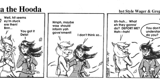 anthro breasts clothed clothed_female clothing dialogue duo eyewear female fur glasses hair purse shaking shivering text wind style_wager dela_the_hooda dela_aldershaw sue_chan_(dela_the_hooda) canid canine fox hooda human mammal 1998 comic english_text greyscale monochrome