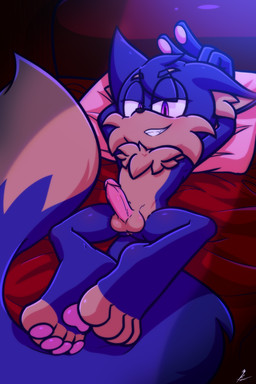 bangs barefoot bedroom bigtail blue_body blue_fur chest_fur fangs feet fur genitals hand_behind_head inner_ear_fluff light male moonlight nude pawpads penis purple_eyes smile smirk solo teeth tuft xxkenthewolfxx sega sonic_the_hedgehog_(series) canid canine fox mammal absurd_res hi_res