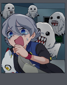 anthro blue_eyes bodily_fluids crying grey_hair group hair male running scared sharp_teeth tears teeth yellow_eyes hata4455ori bandai_namco digimon digimon_ghost_game gammamon_(ghost_game) kiyoshiro_higashimitarai bakemon digimon_(species) gammamon ghost human mammal spirit hi_res