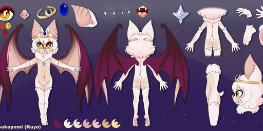 4_toes 5_fingers anthro auburn_eyes bat_wings butt chest_tuft clothing crown eyeliner fangs feet female fingers front_view fur genitals hair headdress headgear leaf_nose loli makeup membrane_(anatomy) membranous_wings nude nude_female plump_labia priest_robes rear_view robe short_tail smile smiling_at_viewer solo standing tail teeth tiara toes tuft vulva white_body white_fur white_hair wings young young_anthro young_female e-01 kuyo_(kazukio) bat mammal absurd_res hi_res model_sheet