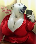 anthro big_breasts black_lips breasts cleavage clothed clothing ear_piercing ear_ring eyelashes eyeliner female female_anthro fur lips lipstick long_eyelashes makeup mature_anthro mature_female mirror mirror_selfie overweight overweight_anthro overweight_female piercing pose purple_eyeliner red_clothing red_suit ring_piercing selfie smile solo suit text thick_thighs white_body white_fur band1tnsfw natasha_vadimovna_(band1tnsfw) bear mammal polar_bear ursine 5:6 absurd_res digital_drawing_(artwork) digital_media_(artwork) english_text hi_res pinup portrait