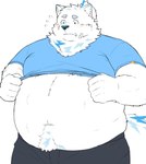 anthro belly big_belly blush bottomwear clothed clothing clothing_lift fur humanoid_hands kemono male navel overweight overweight_male pants shirt shirt_lift simple_background solo topwear white_background white_body white_fur nikukyu299paw lifewonders live_a_hero yohack canid canine canis domestic_dog mammal 2024 hi_res