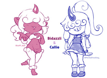 accessory armwear bandeau bangs barefoot belly blowing_kiss bottomless bracelet breasts clothed clothing cloud curvy_figure duo feet female footwear genitals grin hair hair_accessory hair_over_eye hand_on_breast horn jewelry legwear lips navel pink_body pink_skin pointy_ears ponytail shoes small_breasts smile smug smug_face socks stockings topwear vulva white_hair wide_hips hexanne soff_dollr palworld pocketpair bidazzli_(soff_doll) callie_(hexanne) dazzi_(pal) humanoid pal_(species) 2025 hi_res