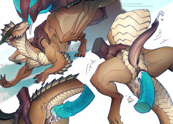 anal anal_penetration animal_genitalia anus big_penis blue_body blue_penis blue_skin bodily_fluids brown_body brown_skin butt claws cum cum_in_ass cum_inside cum_while_penetrated duo ejaculation erection feral flared_tapering_penis genital_fluids genital_slit genitals horn long_penis male male/male male_penetrated male_penetrating male_penetrating_male membrane_(anatomy) membranous_wings multi_eye penetration penile penile_penetration penis penis_in_ass quadruped sex tail tapering_penis wings ket-dawnatsunset european_mythology mythology keden alien dragon mythological_creature mythological_scalie ragkhlar scalie hi_res