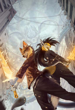 anthro battle city duo fantasy female fight latex magic male male/female conditional_dnp royz alyx_(latex) amadeus canid canine canis cheetah domestic_cat felid feline felis hybrid lynx mammal monster wolf hi_res
