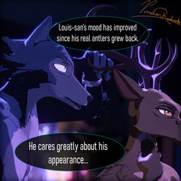 amber_eyes anthro bathroom clothed clothing duo fur hair long_hair male scar shaving standing text topless topless_male vermilionrenderworks enticia_(modeler) beastars legoshi_(beastars) louis_(beastars) canid canine canis cervine deer mammal red_deer wolf 1:1 english_text hi_res signature