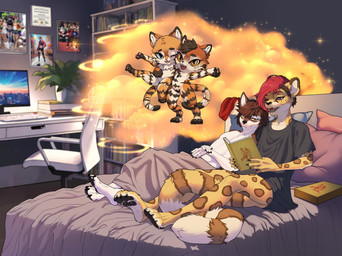 4_toes 5_fingers ambiguous_gender anthro arm_markings barefoot bed bed_sheet bedding biped blanket book chair claws clothed clothed_anthro clothed_male clothing desk duo eyebrows eyelashes facial_markings fangs feet finger_claws fingerpads fingers fur furniture grin hair head_markings holding_book holding_object humanoid_hands inside leg_markings long_tail looking_at_book looking_at_object lying lying_on_bed male male_anthro markings multicolored_body multicolored_fur nude nude_ambiguous nude_anthro on_back on_bed one_eye_closed open_book open_mouth open_smile pawpads paws pillow plant plant_pot potted_plant pupils reading reading_book ring_(marking) ringed_tail shirt short_hair sitting sitting_on_bed smile spots spotted_body spotted_fur standing striped_markings striped_tail stripes t-shirt table tail tail_markings teeth toes topwear young young_ambiguous young_anthro ruusen balto_star nikki_kofi canid canine canis cheetah domestic_cat felid feline felis mammal wolf absurd_res english_description hi_res female_(lore)