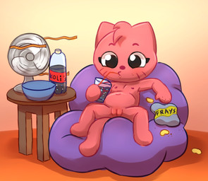 anthro beverage beverage_bottle bottle casual_nudity chips_(food) container cup drinking_glass electric_fan female flat_chested food fur genitals glass glass_container glass_cup nipples nude pink_body pink_fur sitting slightly_chubby soda soda_bottle solo spread_legs spreading vulva young young_anthro young_female polygon5 playkids kate_(playkids) domestic_cat felid feline felis mammal