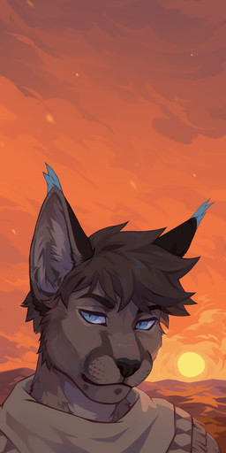 anthro backlighting black_nose blue_eyes brown_body brown_fur brown_hair cheek_tuft clothed clothing facial_tuft fur hair light looking_at_viewer male mouth_closed outside pupils short_hair slit_pupils solo sunset tuft unsigned corzh77 felid mammal absurd_res bust_portrait hi_res lighting portrait