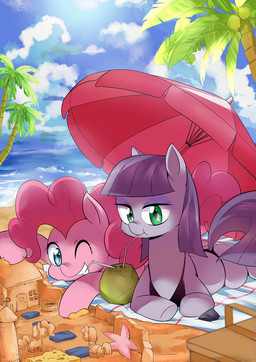 beach bikini blue_eyes clothing cloud coconut day drupe_(fruit) duo female feral food fruit green_eyes hair long_hair one_eye_closed palm_tree pink_hair plant purple_hair sand seaside smile swimwear teeth towel tree two-piece_swimsuit umbrella water wink cbreturn friendship_is_magic hasbro my_little_pony maud_pie_(mlp) pinkie_pie_(mlp) earth_pony equid equine horse mammal pony 2015 hi_res sibling_(lore) sister_(lore) sisters_(lore)