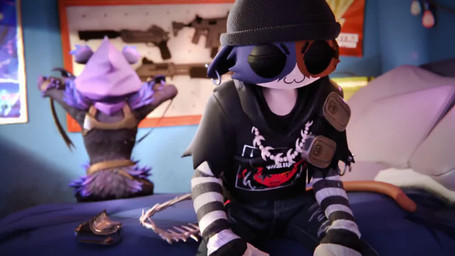 anthro beanie bed bedroom bottomwear clothed clothing duo electronics female furniture gesture gesturing_at_viewer gun hand_gesture handgun hat headgear headwear hood ily_sign looking_at_viewer morning pants phone pistol purple_body ranged_weapon rear_view shirt shotgun sleeves submachine_gun topwear weapon yellow_eyes miphidrill epic_games fortnite meow_skulls raven_team_leader bear domestic_cat felid feline felis mammal 16:9 2026 3d_(artwork) 3d_animation animated digital_media_(artwork) no_sound short_playtime video widescreen