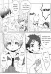 anthro black_and_white canid canine clothed clothing comic dialogue english_text food fully_clothed hi_res inakagurashi inner_ear_fluff kemono male mammal monochrome open_mouth outside sitting smile surprise text tuft young young_anthro