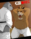 anthro belly bodily_fluids bottomwear bound brown_body brown_fur clothing duo fur grey_body grey_fur humanoid_hands kemono male moobs nipples overweight overweight_male pants rope sweat hasukichi bear canid canine canis mammal wolf 2010