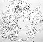 anthro duo hair hug long_hair male musclegut muscular muscular_male open_mouth pecs shirtless smile smirk soft_abs stomacheart lifewonders tokyo_afterschool_summoners macan_(tas) nomad_(tas) felid mammal pantherine tiger monochrome