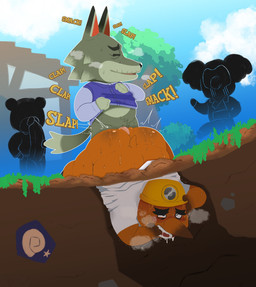 anthro armor balls big_penis bodily_fluids clothing duo_focus erection eyes_closed genitals group hard_hat headgear helmet male male/male mature_male outside penis plant sex shirt slightly_chubby sweat topwear tree underground bepboye animal_crossing nintendo dobie_(animal_crossing) mr._resetti bear canid canine canis eulipotyphlan koala mammal marsupial mole_(animal) vombatiform wolf 2026 character_request hi_res