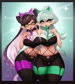 big_breasts breasts clothing duo eyebrows eyelashes female humanoid_pointy_ears midriff pointy_ears pseudo_hair ribbons tentacle_hair tentacles thick_thighs thigh_gap wide_hips yellow_eyes little1234blood nintendo splatoon callie_(splatoon) marie_(splatoon) animal_humanoid aquatic cephalopod humanoid inkling mollusk mollusk_humanoid 2025