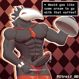 abs clothing legwear male mask money muscular necktie pecs pubes solo text thigh_highs thong underwear streif deltarune undertale_(series) darkner humanoid swatchling 1:1 english_text hi_res