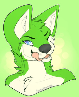 anthro black_nose blue_eyes fur green_body green_fur looking_at_viewer open_mouth smile solo teeth tongue senimasan canid canine canis coyote mammal 2015 digital_media_(artwork)