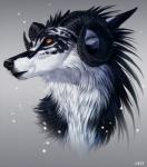 amber_eyes ambiguous_gender black_body black_fur black_markings black_nose countershading curved_horn feral fur horn markings orange_eyes simple_background solo white_body white_countershading white_fur nukerooster canid canine hybrid mammal 2017 digital_media_(artwork) headshot_portrait portrait