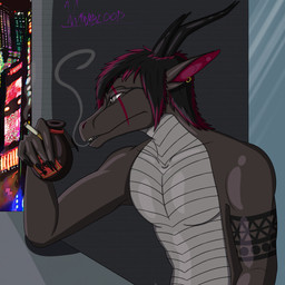 alcohol anthro beverage black_horn cigarette cigarette_smoke ear_piercing eyebrows grey_eyes hair holding_cigarette holding_object horn male piercing shirtless_anthro shirtless_male smoke smoking solo teeth wine_bottle wyirmblood mythology sikav_farkas dragon mythological_creature mythological_scalie scalie 1:1 hi_res