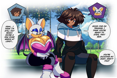 anthro bat_wings big_breasts blue_eyes blue_eyeshadow body_swap boots breasts brown_eyes brown_hair clothing eyelashes eyeshadow female footwear fur hair high_heeled_boots high_heels makeup male membrane_(anatomy) membranous_wings questioning shoes short sportswear text unsure white_body white_fur wings lueduar sega sonic_the_hedgehog_(series) axel_(poke789) rouge_the_bat human mammal 3:2 english_text hi_res