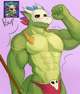 abs anthro athletic athletic_male biceps blush bone bone_mask bottomwear clothing green_body growth loincloth looking_at_viewer male mask melee_weapon muscle_growth muscle_tone muscular muscular_anthro muscular_arms muscular_male muscular_thighs polearm serratus skull skull_mask smile solo spear tail triceps weapon cheezychezu terraria witch_doctor_(terraria) lihzahrd lizard reptile scalie absurd_res hi_res