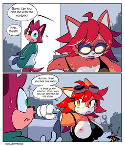 anthro big_breasts black_clothing black_shirt black_tank_top black_topwear bodily_fluids border breasts clothing conjoined_speech_bubble countershade_breasts countershading dialogue duo exposed_breasts eyewear eyewear_on_head female flustered fur gloves goggles goggles_on_head green_eyes hair handwear male name_in_dialogue nipples oblivious red_body red_fur red_hair shirt speech_bubble sweat tank_top text toolbox topwear twitter_handle wardrobe_malfunction white_border white_clothing white_gloves white_handwear working yellow_eyes quavernsfw sega sonic_the_hedgehog_(series) the_murder_of_sonic_the_hedgehog barry_(sonic) fan_character luana_the_cat domestic_cat felid feline felis macropod mammal marsupial quokka 2025 2026 artist_name comic english_text hi_res